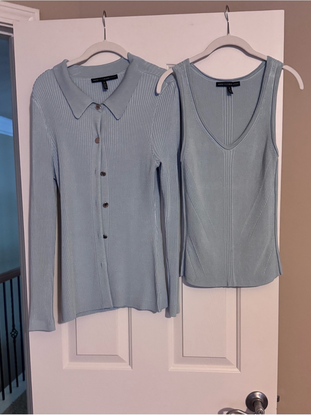 White House Black Market Light Blue Ribbed Knit Cardigan & Tank Duo